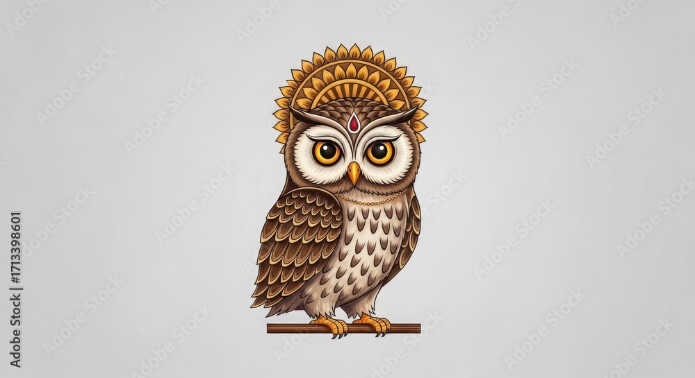 Fototapeta premium Stylized owl with a golden headdress, isolated on grey background