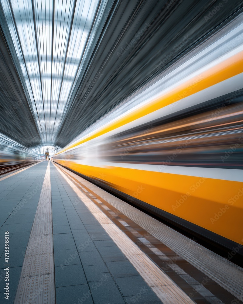 Obraz premium Modern High-Speed Train Motion Blur in Station Premium Urban Transportation Innovation for Young Professionals Marketing and Advertising Campaigns
