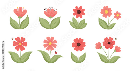 A charming collection of simple, stylized coral-colored flowers with green leaves and playful ladybugs adorning some of the blossoms.