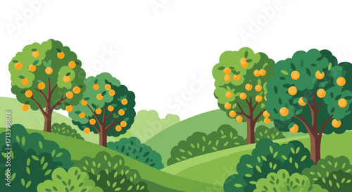 A vibrant orchard scene with rolling green hills and fruit-laden trees.
