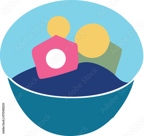 Abstract geometric design featuring colorful shapes and a blue bowl aesthetically pleasing art