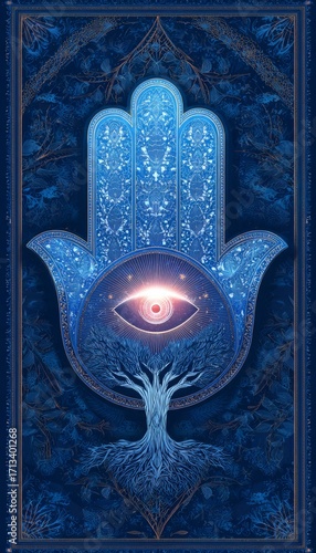 Mystical artwork of Hamsa hand with glowing eye and tree roots, spiritual esoteric design in blue tones with ornamental decoration
