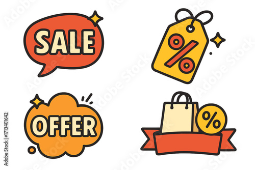 Sale and offer vector icon set. Flat cartoon discount stickers, price tags, and promotional banners for retail. Shopping and commerce graphic design element collection.
