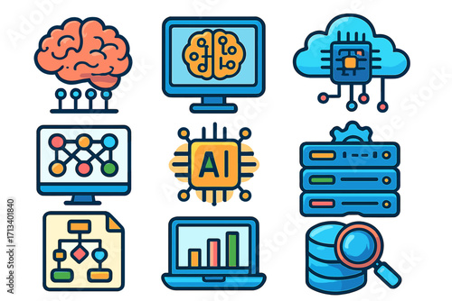 AI icon set. Artificial intelligence, machine learning, data science concepts. Brain, neural network, cloud computing, algorithm, big data analysis vector icons. Technology.
