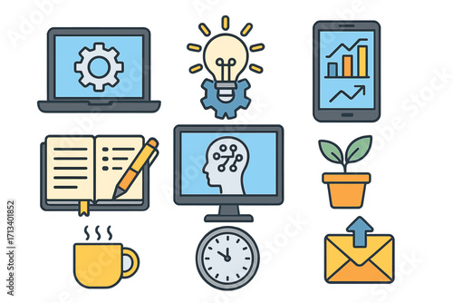 Set of business icons for productivity, technology, and artificial intelligence. Vector illustration includes laptop, idea lightbulb, growth chart, AI head, and communication symbols.