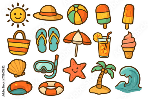 Summer vacation icon set with cute cartoon beach essentials. Collection of holiday and travel elements: sun, palm tree, ice cream, cocktail, wave. Vector illustration pack.