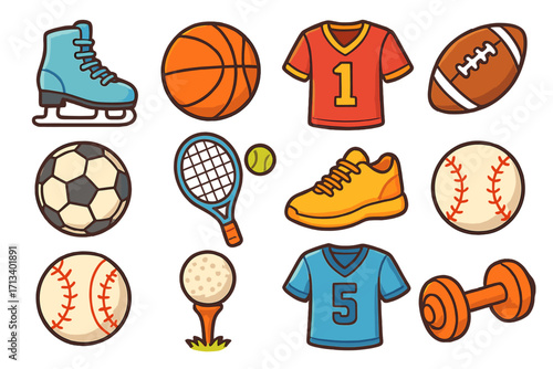 Sports icons set. Collection of cartoon vector sport equipment. Football, basketball, soccer, baseball, tennis, golf, fitness dumbbell, jersey and skate. Hobby and activity.