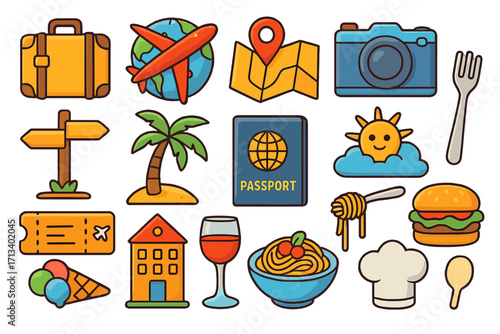 Travel and food icon set for tourism and culinary concepts. Vector cartoon journey and vacation symbols. Includes passport, airplane, map, pasta, and burger for foodie adventures.