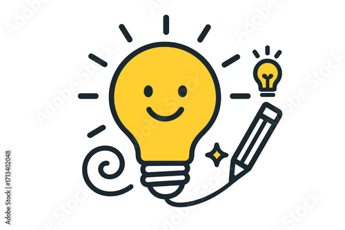 Creative idea icon with lightbulb and pencil. Concept for innovation, imagination, and learning. Cartoon vector illustration of brainstorming and creating a solution. Happy smiley face.