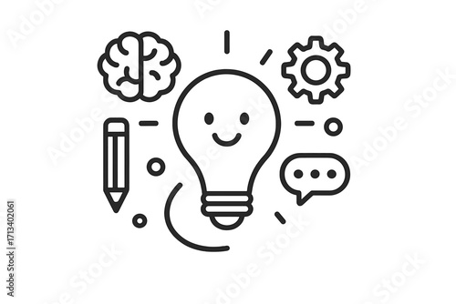 Creative idea icon set. Brainstorming process concept. Smiling light bulb mascot for innovation and solution. Vector line art illustration with brain, pencil, and gear icons.