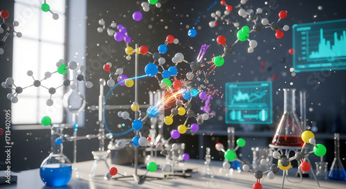 Fototapeta Naklejka Na Ścianę i Meble -  Vibrant Molecular Structures in a Modern Science Lab