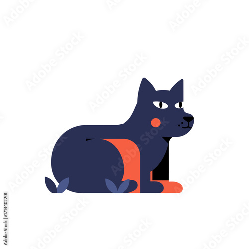 A minimalist and modern illustration of a dark stylized domestic cat resting peacefully, featuring bold geometric shapes and a clean design for various creative projects