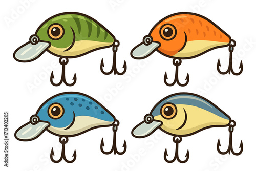 Fishing lure vector set. Cartoon crankbait wobbler bait icon collection. Fishing equipment with treble hooks for sport fishing hobby. Colorful fish tackle illustration isolated.