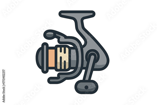 Spinning fishing reel vector icon. Angler equipment for sport fishing and hobby. Cartoon illustration of a fish catching tool. Isolated fishing tackle and gear concept.