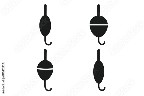 Set of fishing float silhouette icons. Bobber vector graphic collection for angling and sport fishing. Fishing tackle and gear symbol. Simple lure and bait equipment sign.