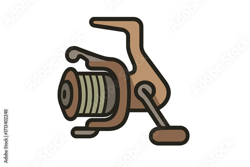 Fishing reel vector icon for angling sport. Spinning reel equipment illustration. Cartoon fisherman gear for hobby. Isolated fishing tackle symbol for catching fish.