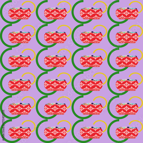 Decorative Thai basket seamless pattern in red and green. Ideal for textiles, wallpapers, and cultural design.