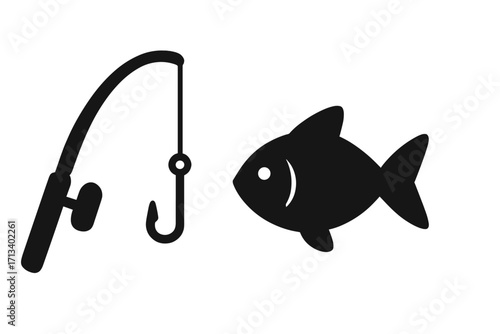 Fishing icon set with fish and fishing rod with hook. Simple black silhouette symbol. Vector illustration concept for angling, sport, hobby, catch, seafood, and leisure.