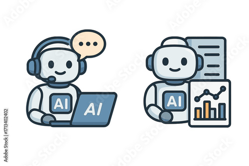 AI robot chatbot for customer service and support. Bot for data processing and analysis. Artificial intelligence in business. Vector cartoon icon set for tech concepts.