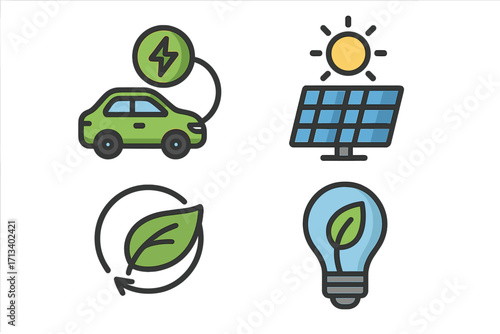 Renewable energy icon set. Green power concept with electric car charging, solar panel, sustainable leaf recycle symbol, and eco lightbulb. Vector cartoon illustration.