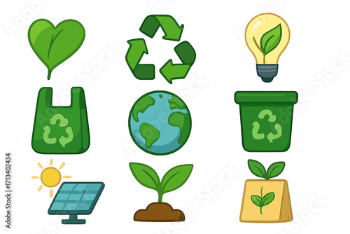 Eco friendly icon set. Sustainability and recycling concept. Green energy, nature conservation and renewable resource symbols. Vector cartoon illustration for ecology concept.