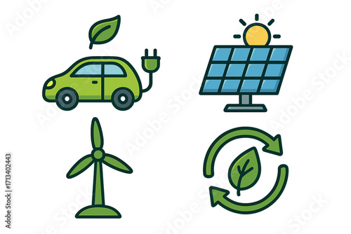 Renewable energy icon set with electric car, solar panel, wind turbine, and recycling symbol. Green technology and sustainable living concept vector cartoon illustration.