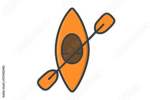 Kayak with paddle icon, top view. Canoe boat symbol for water sport, travel and adventure. Flat style vector cartoon illustration isolated on transparent background.