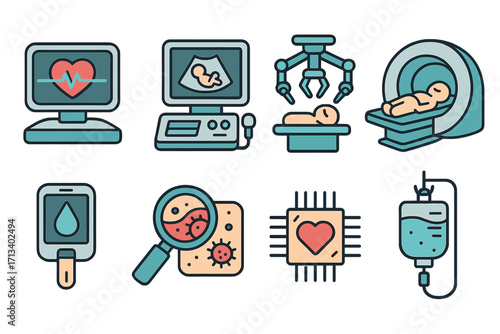 Medical technology icon set. Health tech concepts like robotic surgery, mri scan, ultrasound, and diagnostics. Vector illustrations for medicine, hospital and science.