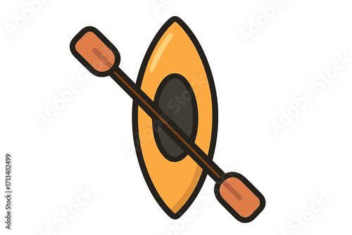Kayak with paddle icon for water sports and outdoor adventure. Canoe boat symbol for summer recreation on a lake or river. Flat cartoon vector illustration for travel.
