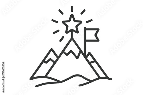 Reaching the goal concept. Mountain top with a flag and star. Mission accomplished line icon. Success, achievement, victory, and leadership symbol. Peak performance vector.
