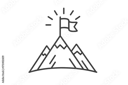 Mountain with flag on peak line icon. Concept of mission accomplished, success, and goal achievement. Metaphor for reaching the top, victory, and business leadership.