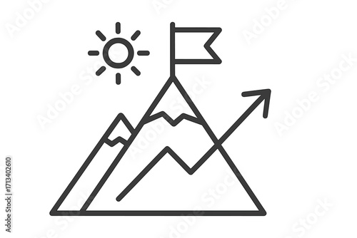 Goal achievement icon. Mountain with flag on peak. Success, mission, and leadership concept. Arrow up signifies career growth and progress. Path to the top strategy.