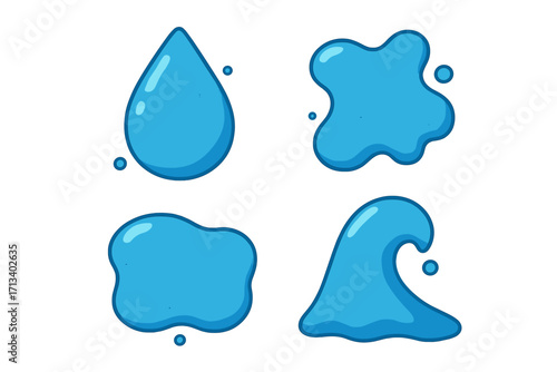 Water drop and splash collection. Liquid shape element set. Flat icon. Vector cartoon illustration. Blue aqua fluid puddle and wave symbols for graphic design. Abstract blob.