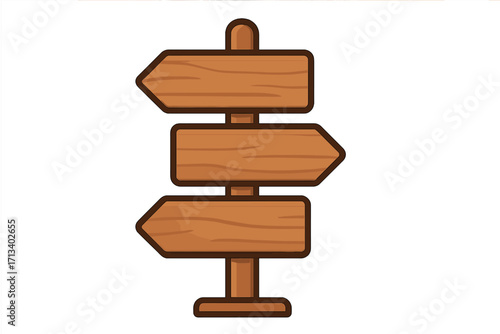Wooden arrow signpost vector illustration. Concept of choice, decision, crossroads, guidance, and pathfinding. Blank cartoon directional sign for travel and navigation.