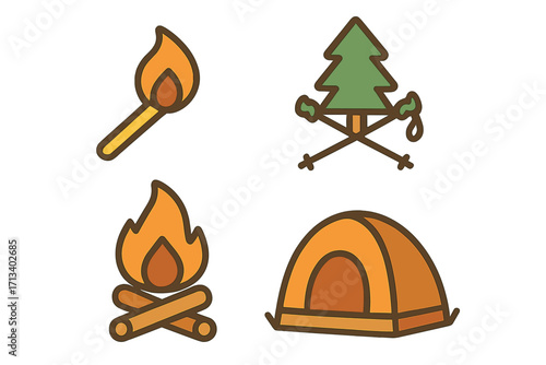 Camping and hiking icon set. Outdoor adventure and nature concept. Collection of flat style vector illustrations includes tent, campfire, lit match, tree and trekking poles.