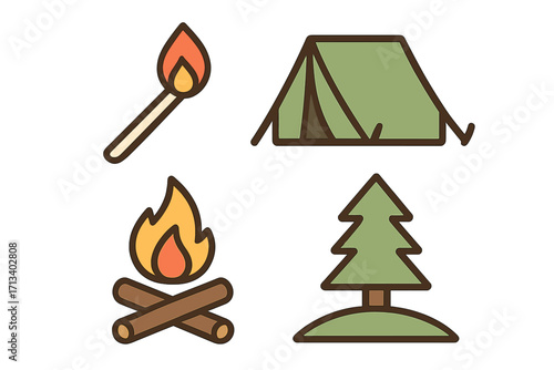 Set of camping and hiking vector icons in flat cartoon style. Collection includes tent, campfire, burning match, and pine tree. Outdoor adventure and nature tourism concept.