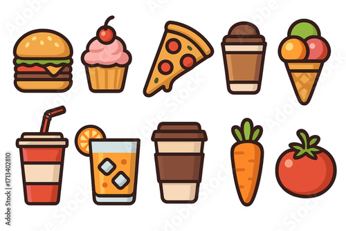 Food icon collection. Vector set of colorful flat cartoon fast food, drinks, desserts, and vegetable icons. Burger, pizza, ice cream, soda, coffee, and juice graphics.