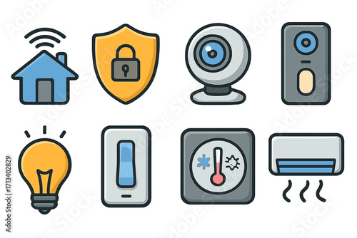 Smart home icon set. Vector illustration of connected devices for security, lighting, and climate control. Home automation technology and internet of things concept symbols.