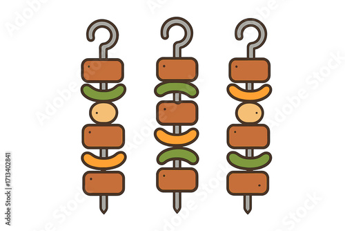 Shish kebab on skewers vector icon set. Barbecue grill concept with meat and vegetables. Outdoor picnic and cooking symbol. Grilled food flat cartoon illustration design elements.