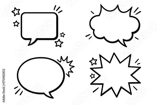 Comic speech bubble vector templates set. Cartoon pop art illustration for promotion. Blank dialog balloons, message boxes, and explosion shapes for text and communication.