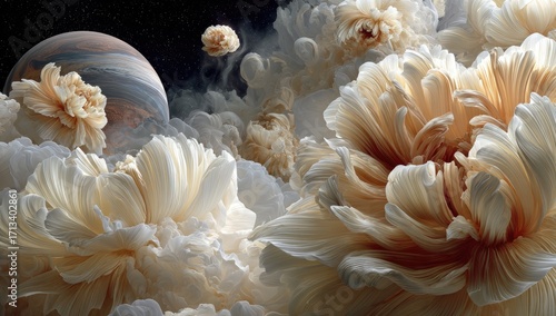 A swirling mass of creamy, textured flowers floats amidst a smoky nebula, a gas giant planet visible in the background.  The scene is ethereal and dreamlike, blending organic and cosmic elements
