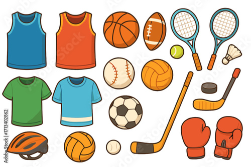 Sports equipment set. Vector cartoon icons. Ball collection for basketball, soccer, football, baseball, volleyball. Tennis racquet, hockey stick, boxing gloves, jersey.