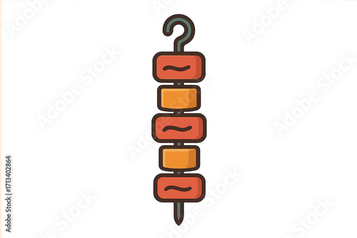 Kebab grill icon vector. Barbecue skewer with meat and vegetables. Shish kebab flat cartoon illustration. Outdoor cooking, picnic food symbol. Grilled meat on a stick.