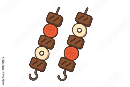 Kebab icon on skewer. Grilled meat with vegetables. Barbecue food concept. Vector cartoon illustration in flat style. Shish kebab for picnic or outdoor grill party.