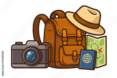 Travel essentials vector illustration. Backpack, camera, passport and map for adventure, vacation, and exploration. Tourism and journey concept. Wanderlust gear for trip planning.