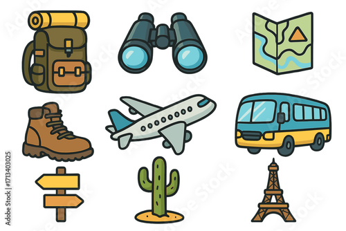 Travel icon set for adventure and exploration. Includes hiking gear, transportation like planes and buses, and world landmarks. Vector cartoon illustrations for tourism and vacation.