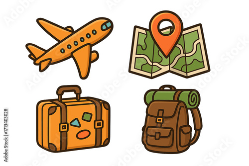 Travel icons set for vacation and adventure. Cartoon vector illustration of airplane, destination map, luggage suitcase, and hiking backpack for tourism and journey planning.