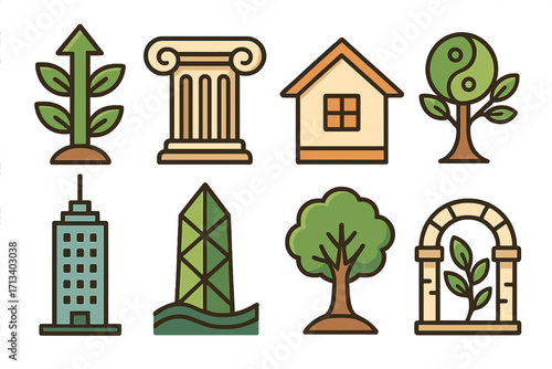 Vector icon set of architectural and natural symbols representing growth, structure, and harmony. Collection for business, real estate, finance, and environmental concepts.