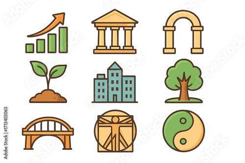 Icon set of growth, structure, and harmony symbols. Vector collection with business chart, plant, building, bridge, yin yang, and vitruvian man for design and concepts.