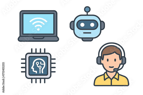 Set of technology icons for AI and customer support. Chatbot robot, call center operator with headset, AI brain chip, laptop with wifi. Concept for online help, tech service.